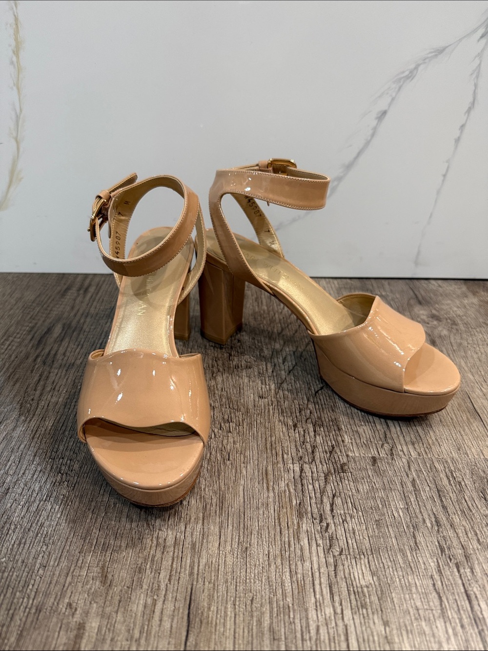 Stuart Weitzman Patent Platform Ankle-Strap Heels in Nude Beige